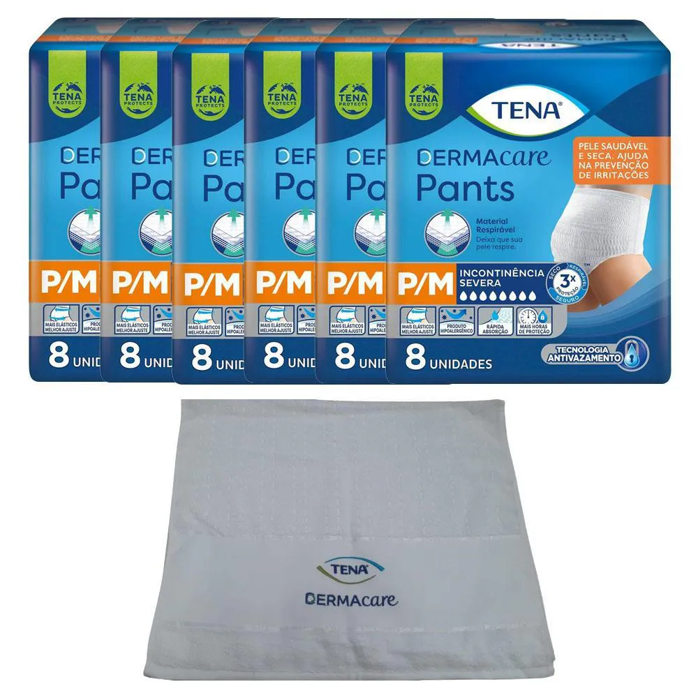 KIT 6 ROUPAS ÍNTIMAS TENA DERMACARE PANTS ULTRA P/M COM 8UN + BRINDE TOALHA DERMCARE TENA