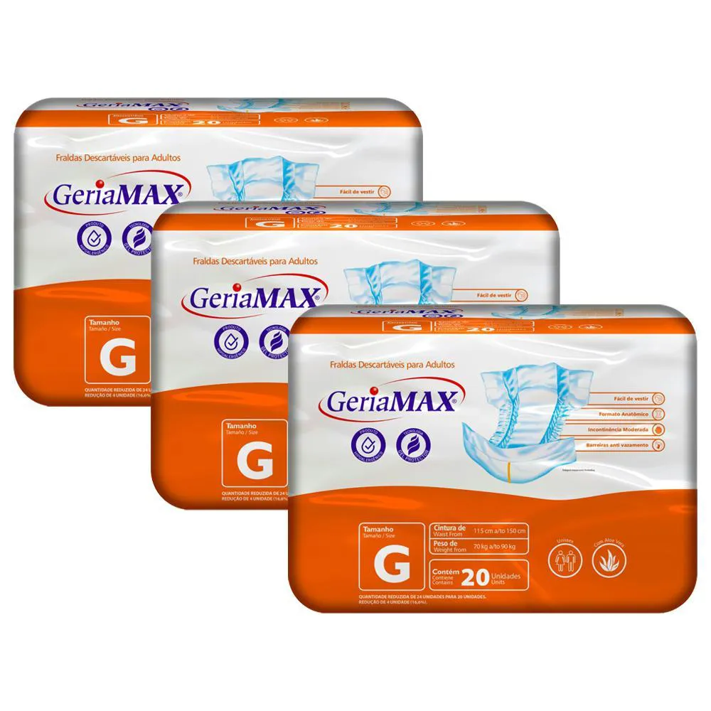 KIT 3 FRALDAS GERíATRICA GERIAMAX G COM 20UN EMBALAGEM ECONôMICA