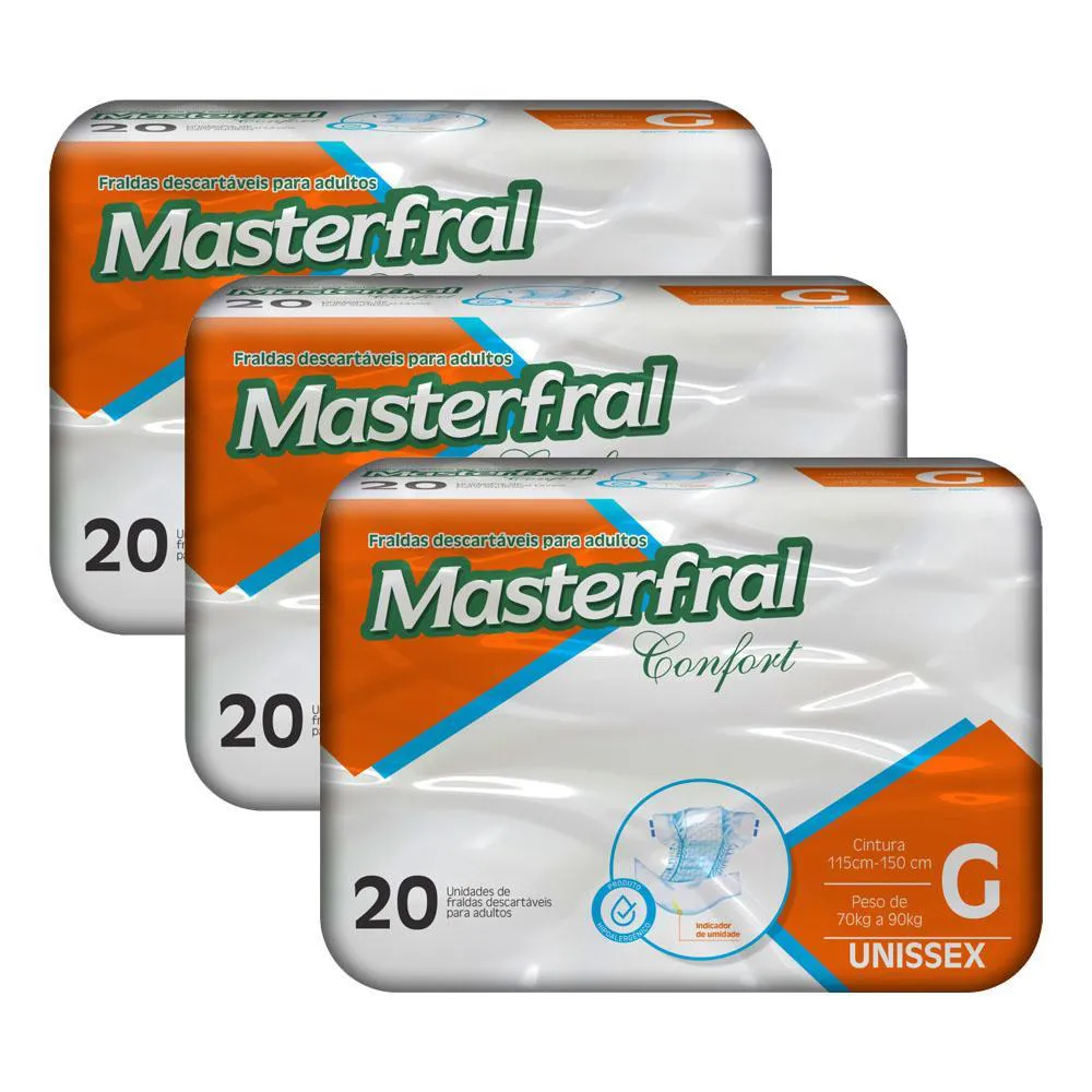KIT 3 FRALDAS GERíATRICA MASTERFRAL CONFORT G COM 20UN EMBALAGEM ECONôMICA