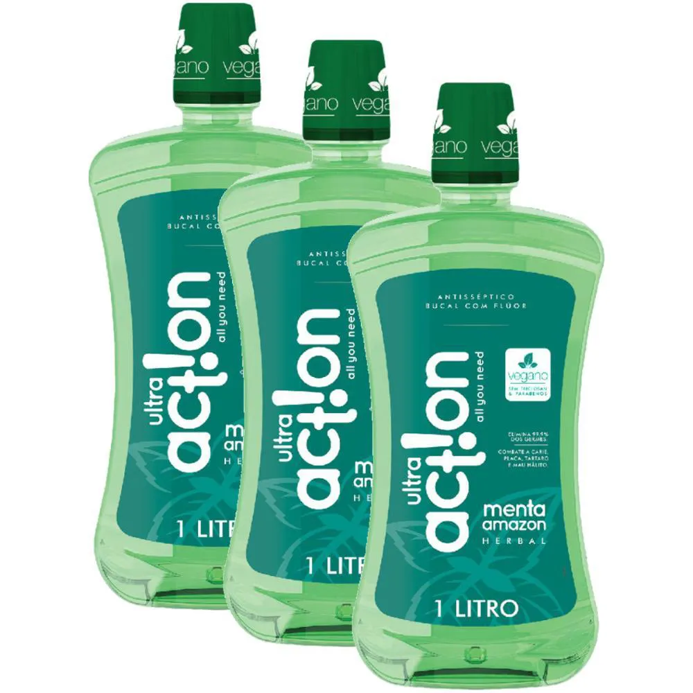 Kit 3 Enxaguante Bucal Ultra Action Amazon Menta 1L