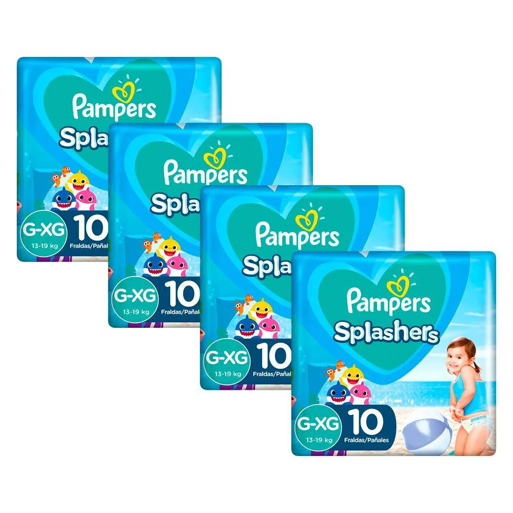 Kit Fralda Pampers Splashers Baby Shark Praia e Piscina G/XG 10 unidades 4 Pacotes