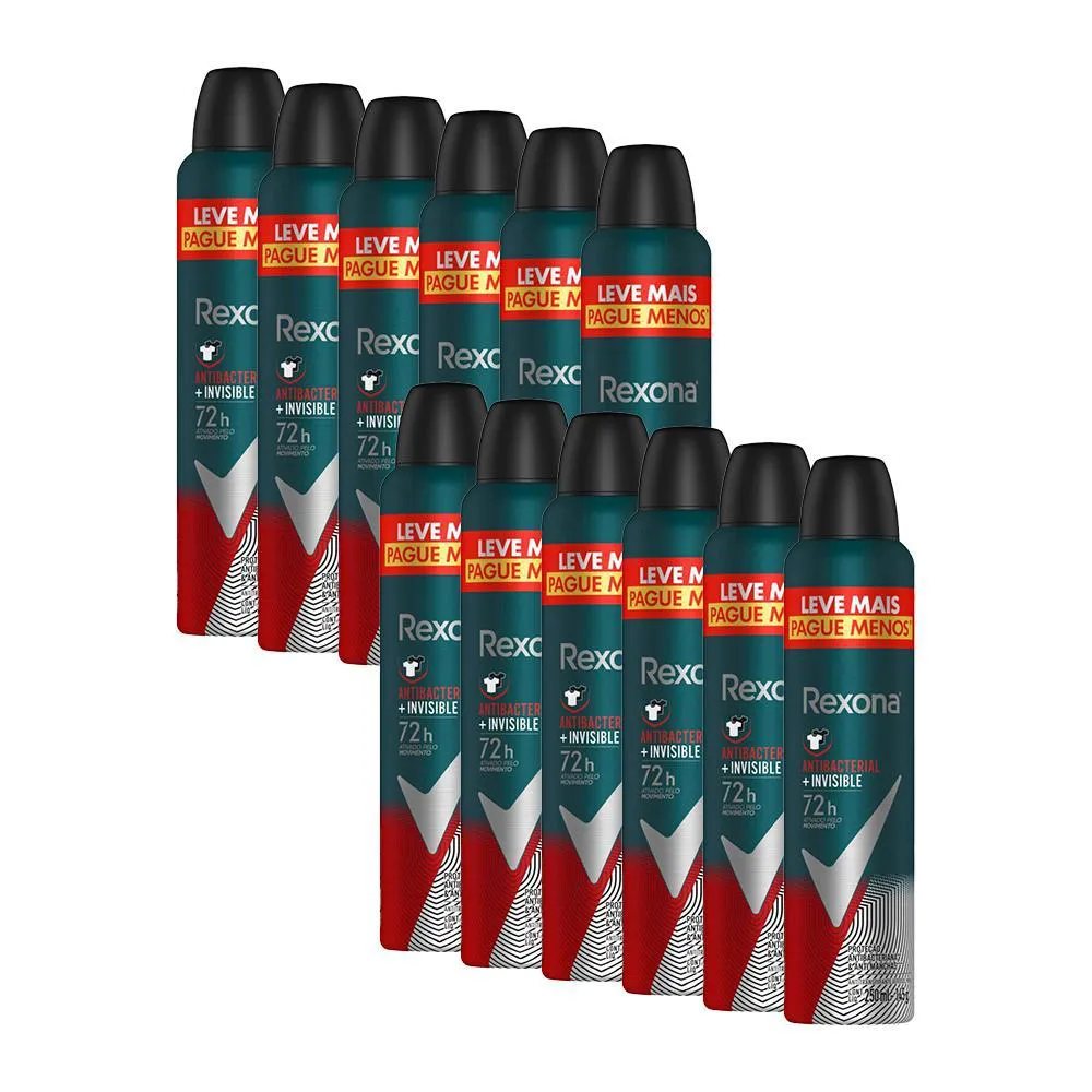Kit Desodorante Antitranspirante Aerosol Rexona Antibacterial + Invisble Feminino 72H 250Ml 12 Unidades