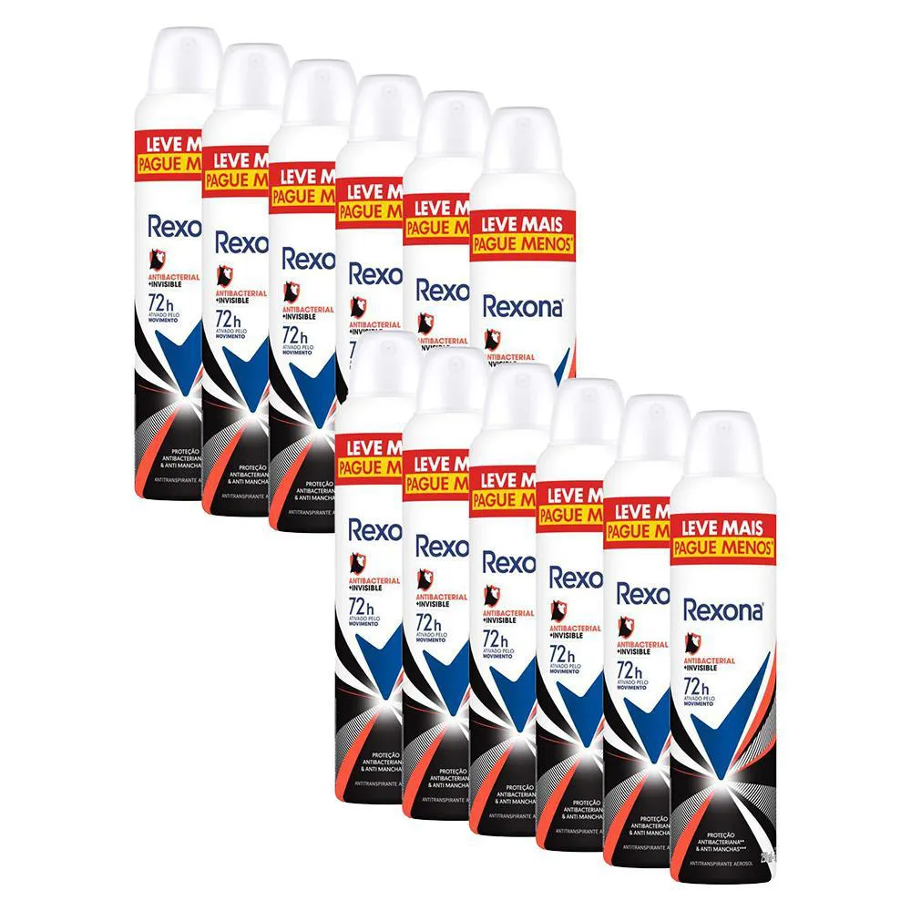 Kit Desodorante Antitranspirante Aerosol Rexona Antibacterial Plus Invisible Feminino 72h 250ml 12 unidades