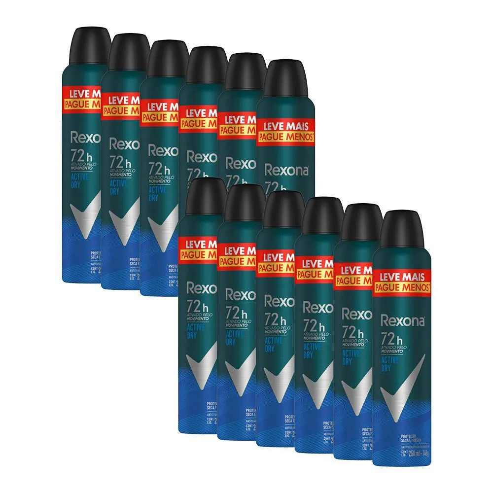 Kit Desodorante Antitranspirante Aerosol Rexona Men Active Dry 72h 250ml 12 unidades