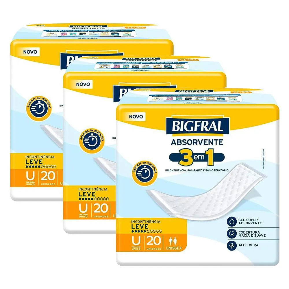 KIT 3 ABSORVENTES GERIáTRICOS BIGFRAL REGULAR PLUS COM 20UN CADA