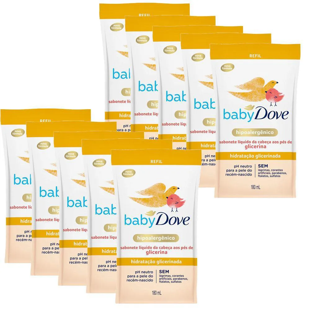 KIT 10 SABONETES LíQUIDO BABY DOVE HIDRATAçãO GLICERINADA 180ML REFIL