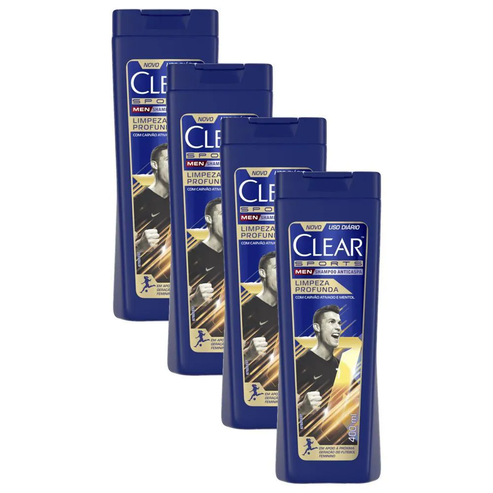 KIT 4 SHAMPOOS ANTICASPA CLEAR MEN LIMPEZA PROFUNDA 400ML