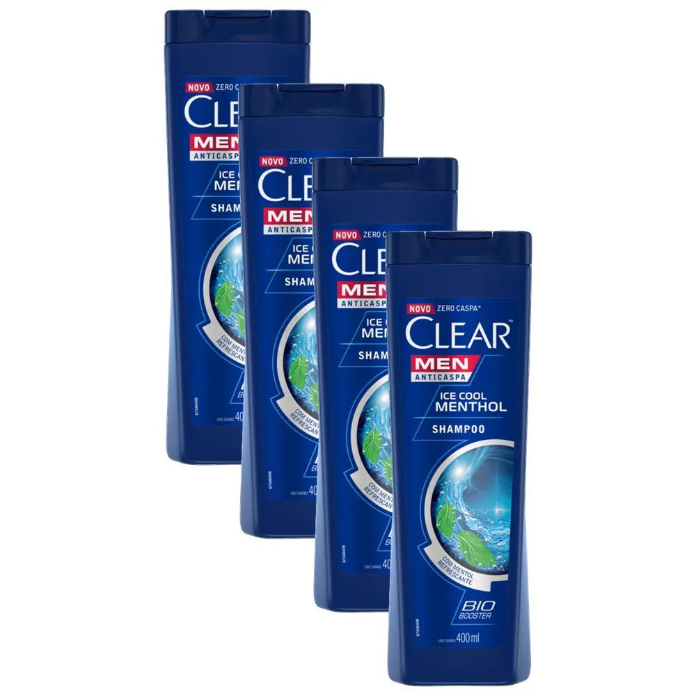 KIT 4 SHAMPOOS ANTICASPA CLEAR MEN ICE COOL MENTHOL 400ML