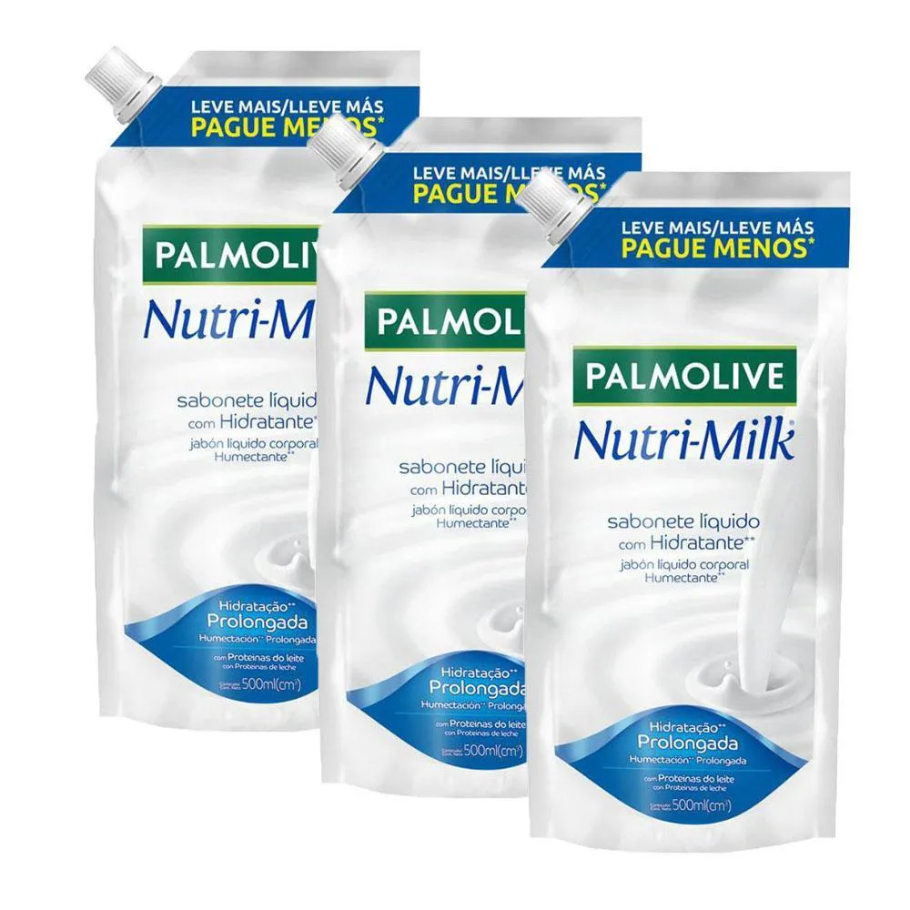 KIT 3 SABONETES LíQUIDO PALMOLIVE NUTRI-MILK HIDRATANTE REFIL 500ML