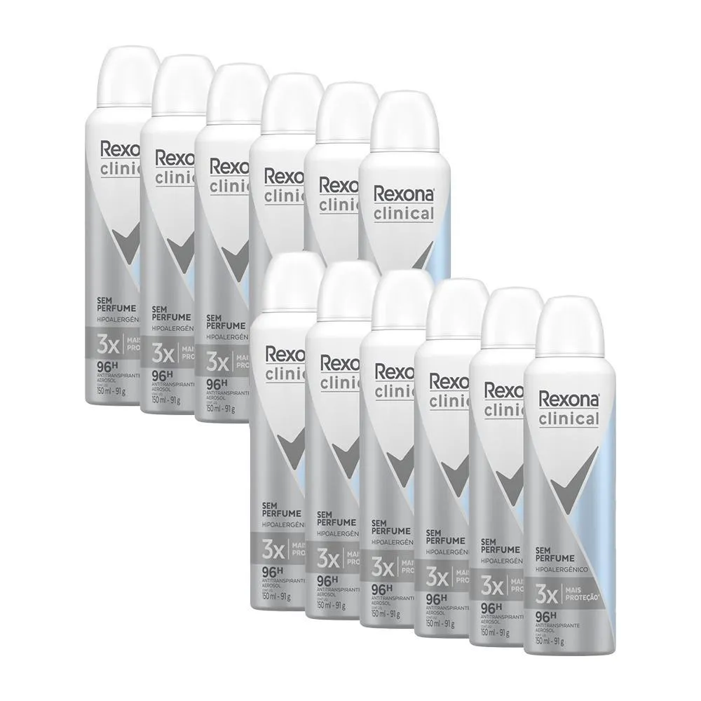 KIT COM 12 DESODORANTES ANTITRANSPIRANTES REXONA CLINICAL SEM PERFUME 150ML