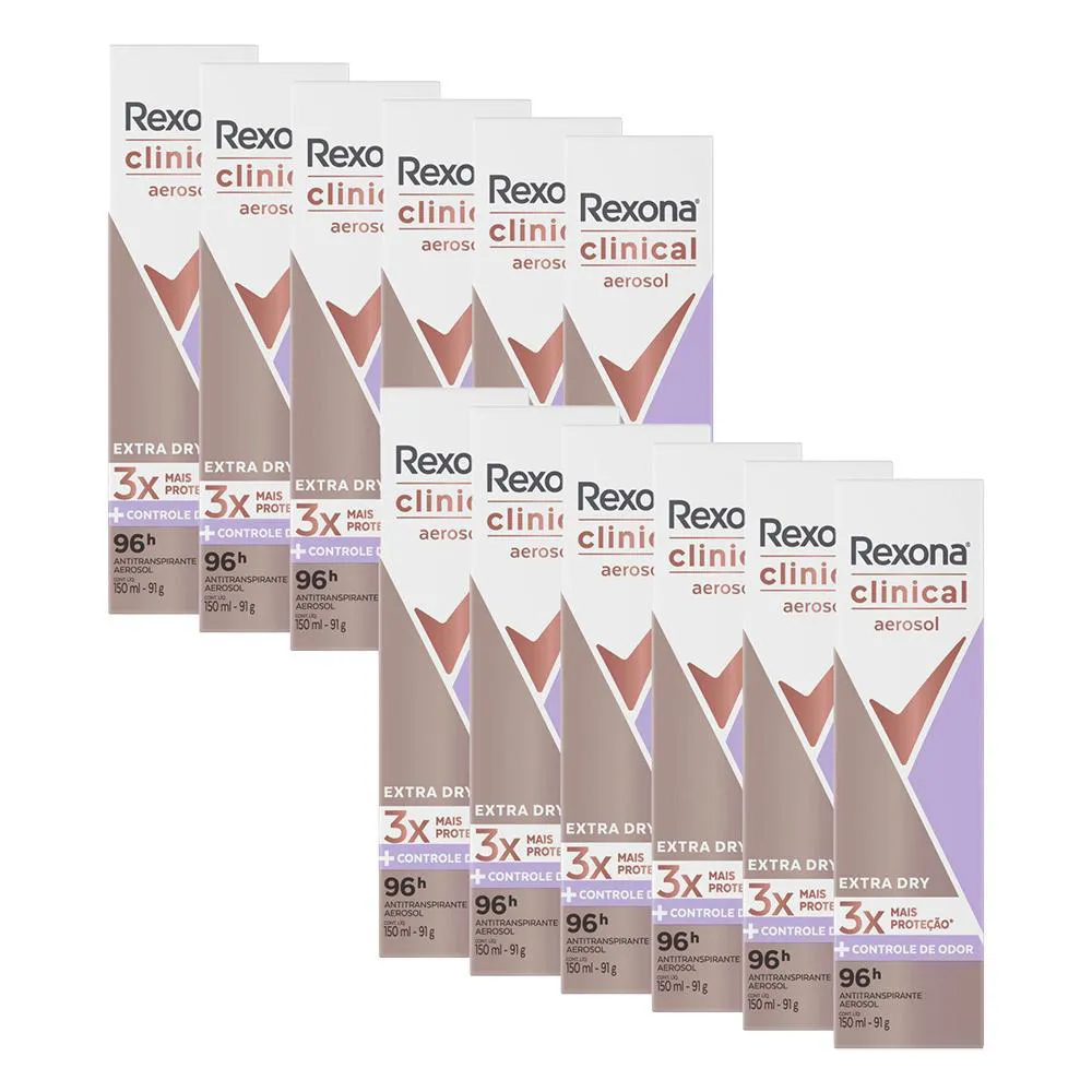 KIT COM 12 DESODORANTES ANTITRANSPIRANTES REXONA CLINICAL EXTRA DRY 150ML