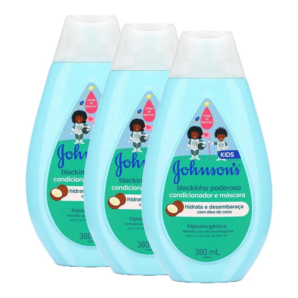 KIT 3 CONDICIONADORES INFANTIS JOHNSON'S BABY BLACKINHO PODEROSO 380ML CADA