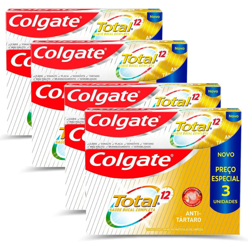 KIT 4 CREMES DENTAL COLGATE TOTAL 12 ANTI-TáRTARO 90G- 3 UNIDADES CADA
