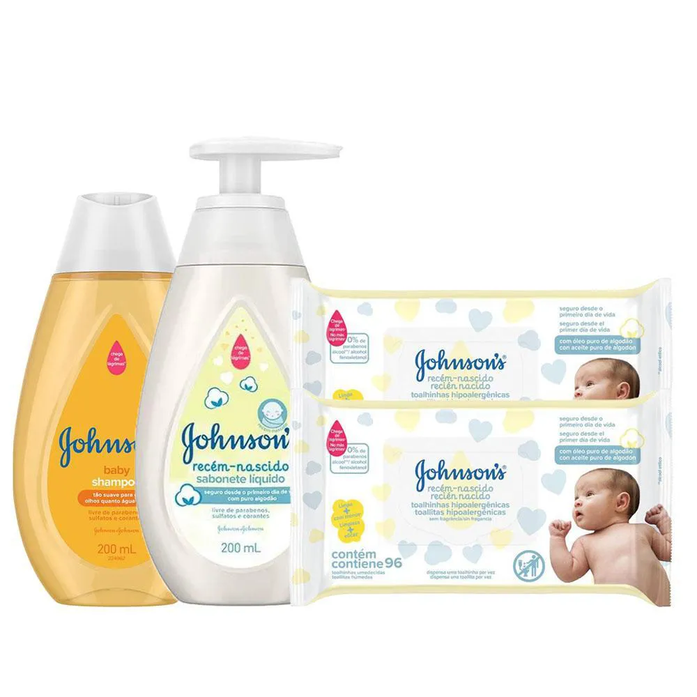 KIT JOHNSON'S BABY: TOALINHAS + SHAMPOO + SABONETE LíQUIDO