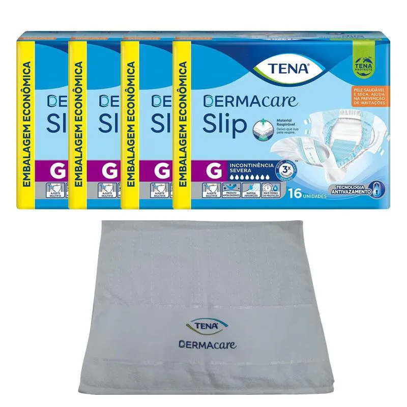 kit 4 fraldas geriátricas tena dermacare slip ultra g com 16un + brinde toalha dermcare tena