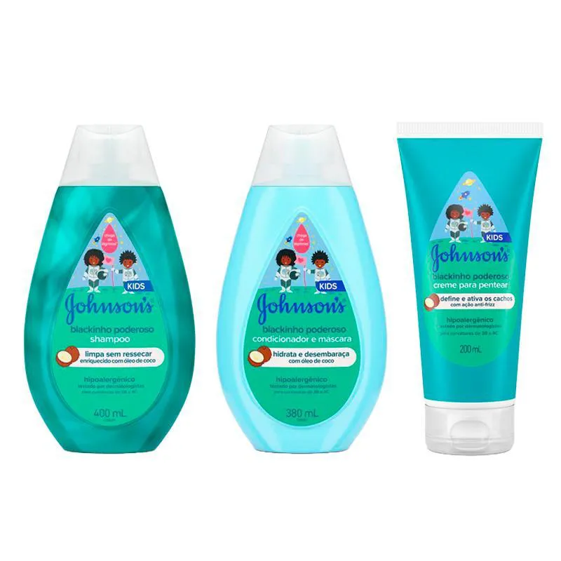 KIT JOHNSON'S BABY BLACKINHO PODEROSO SHAMPOO + CONDICIONADOR + CREME PARA PENTEAR