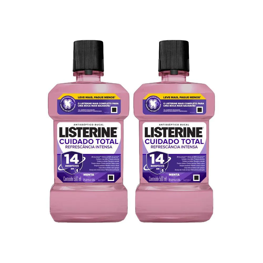 KIT COM 2 ANTISSéPTICOS BUCAL LISTERINE CUIDADO TOTAL 500ML