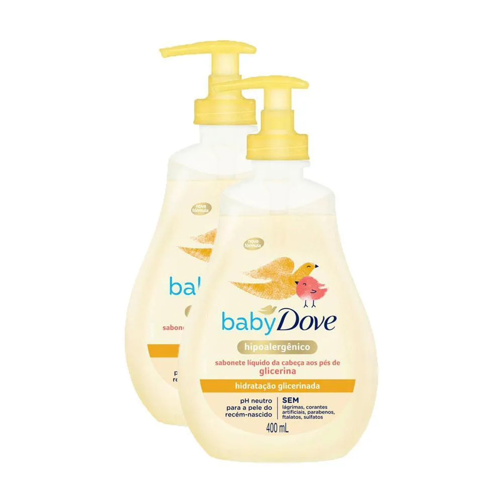 KIT 2 SABONETES LíQUIDOS BABY DOVE HIDRATAçãO GLICERINADA DA CABEçA AOS PéS COM 400ML CADA