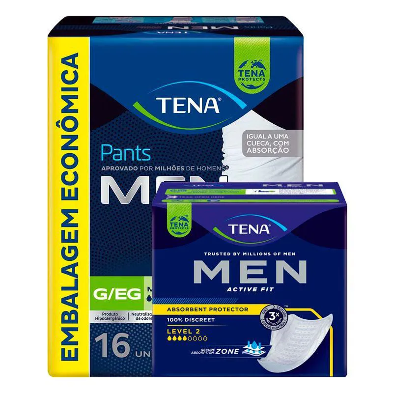 KIT ABSORVENTE PROTETOR MASCULINO TENA MEN ACTIVE FIT 10 UNIDADES + CUECA DESCARTáVEL TENA PANTS MEN G/EG 16 UNIDADES