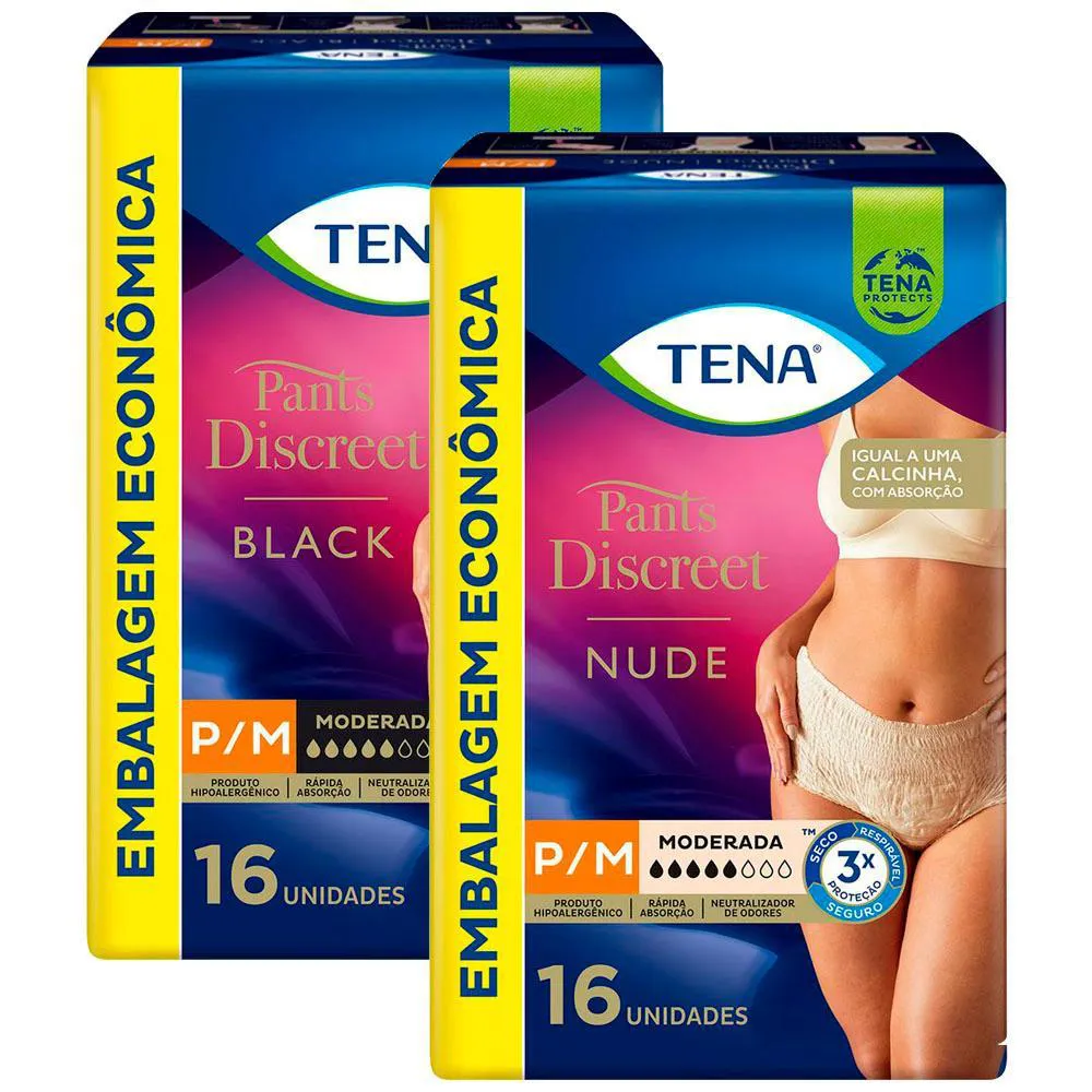 KIT CALCINHA DESCARTáVEL TENA PANTS DISCREET NUDE P/M 16 UNIDADES +  CALCINHA DESCARTáVEL TENA PANTS DISCREET PRETA P/M 16 UNIDADES