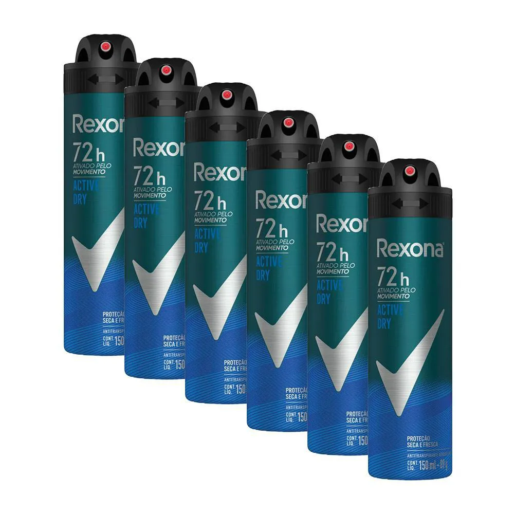 KIT 6 DESODORANTES REXONA MEN AEROSSOL ANTITRANSPIRANTE ACTIVE 150ML