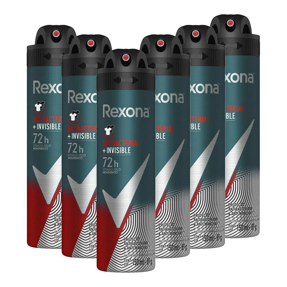 KIT 6 DESODORANTES REXONA MEN MOTIONSENSE ANTITRANSPIRANTE AEROSSOL ANTIBACTERIAL E INVISIBLE 150ML
