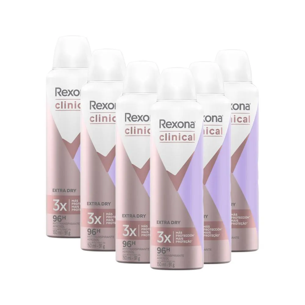 KIT 6 DESODORANTES REXONA CLINICAL ANTITRANSPIRANTE AEROSSOL EXTRA DRY 150ML