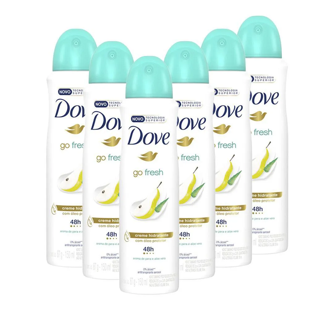 Kit Desodorante Antitranspirante Aerosol Dove Go Fresh Pêra e Aloe Vera Feminino 48h 150ml 6 unidades