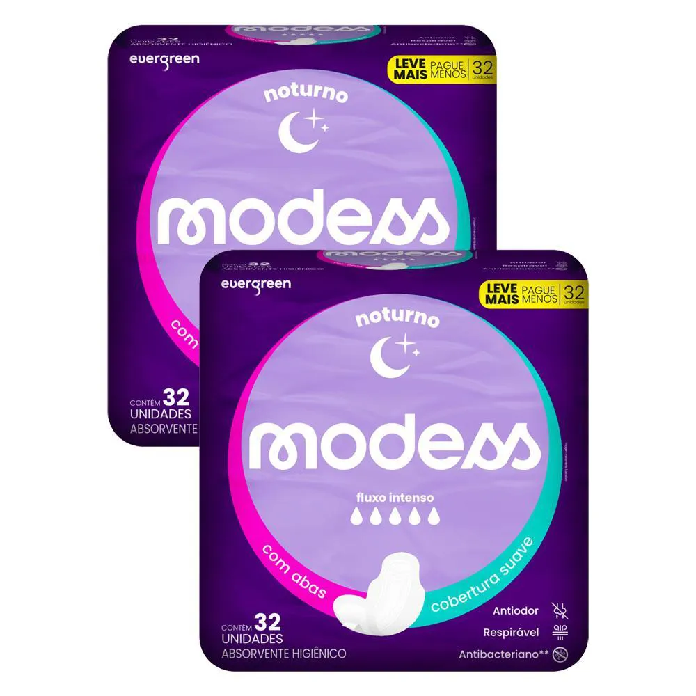 KIT 2 ABSORVENTES MODESS NOTURNO COM ABAS 32UN CADA