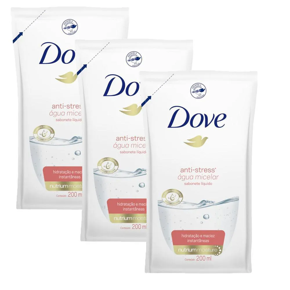 KIT 3 REFIL SABONETE LíQUIDO DOVE ÁGUA MICELAR ANTI-STRESS 200ML