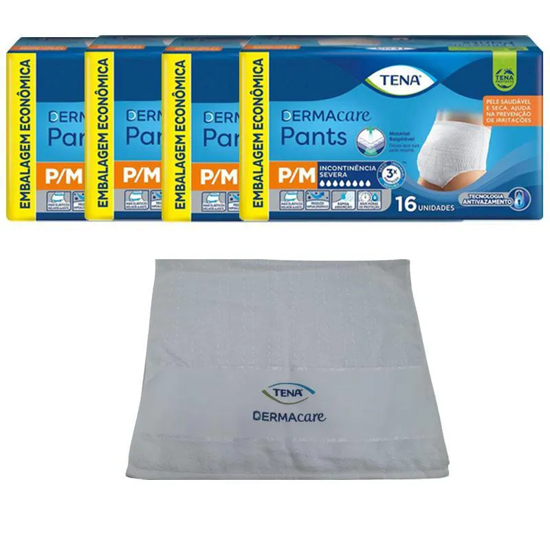 KIT 4 ROUPAS ÍNTIMAS TENA DERMACARE PANTS P/M COM 16UN + BRINDE TOALHA DERMCARE TENA