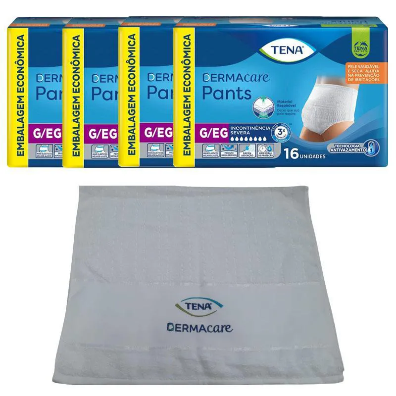 KIT 4 ROUPAS ÍNTIMAS TENA DERMACARE PANTS ULTRA G/EG COM 16UN + BRINDE TOALHA DERMCARE TENA