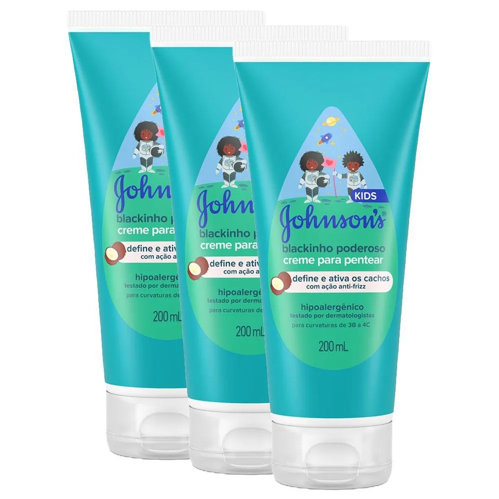 KIT 3 CREMES PARA PENTEAR INFANTIL JOHNSON'S BABY BLACKINHO PODEROSO 200ML CADA