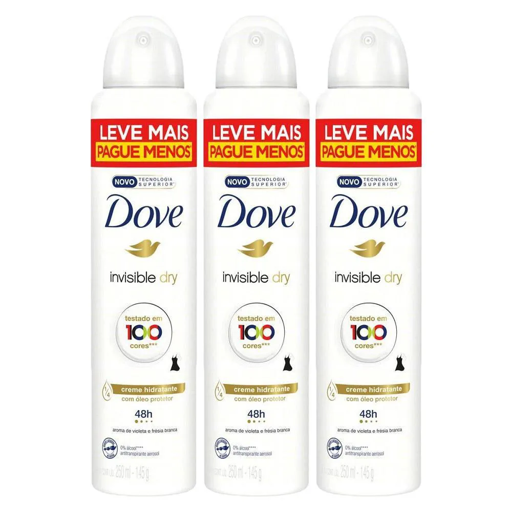 Kit Desodorante Antitranspirante Aerosol Dove Women Invisble Dry 48h 250ml 3 unidades