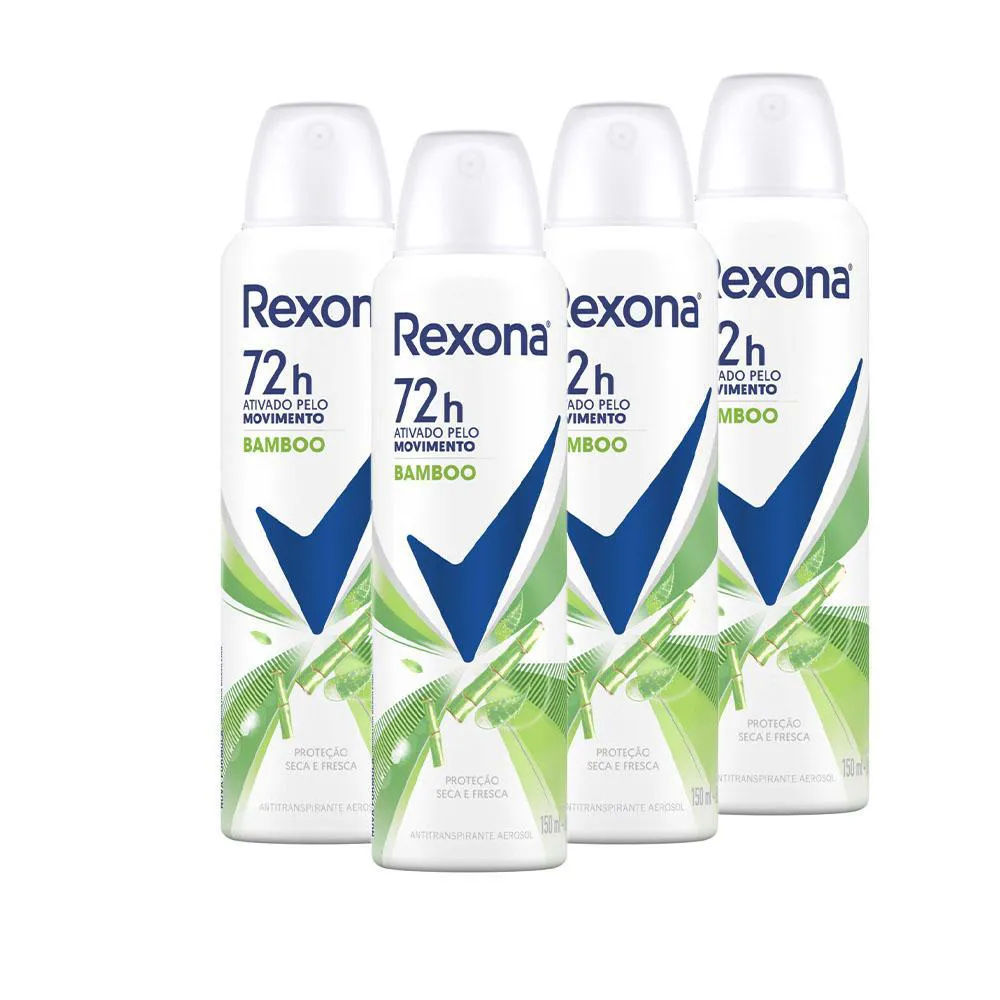 KIT 4 DESODORANTES REXONA MOTIONSENSE ANTITRANSPIRANTE AEROSSOL STAY FRESH BAMBOO + ALOE VERA 150ML