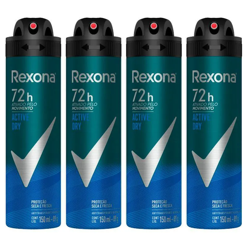 KIT 4 DESODORANTES REXONA MEN AEROSSOL ANTITRANSPIRANTE ACTIVE 150ML