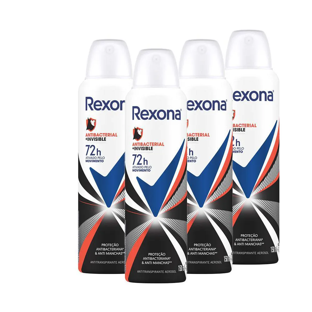KIT 4 DESODORANTES REXONA MOTIONSENSE ANTITRANSPIRANTE AEROSSOL ANTIBACTERIAL E INVISIBLE 150ML