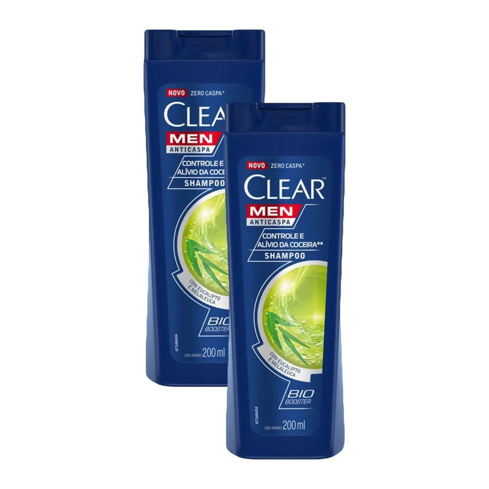 KIT 2 SHAMPOOS CLEAR MEN ANTICASPA CONTROLE E ALIVIO DA COCEIRA 200ML