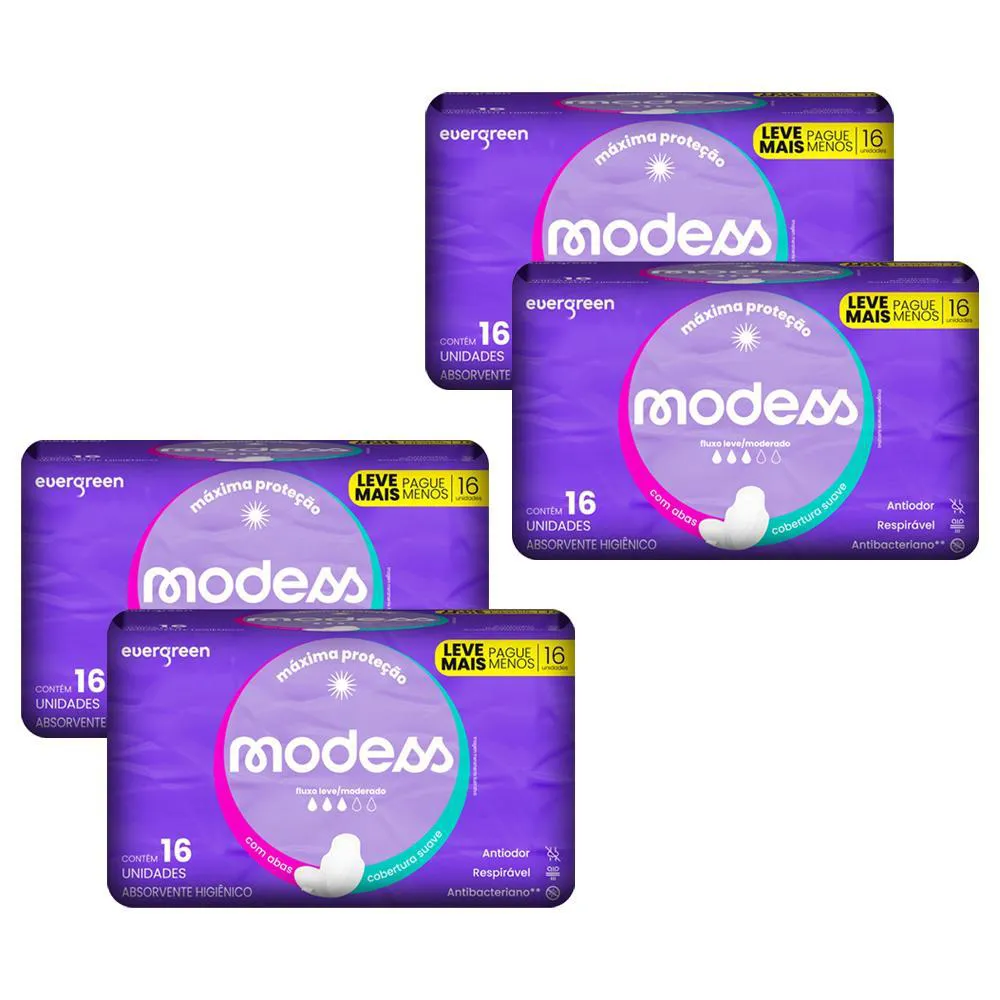 KIT 4 ABSORVENTES MODESS MALHA SUAVE COM ABAS 16UN CADA
