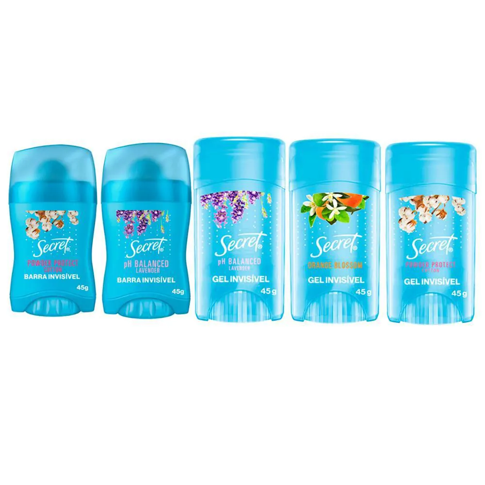 KIT DESODORANTE SECRET LINHA COMPLETA 5 FRAGRâNCIAS