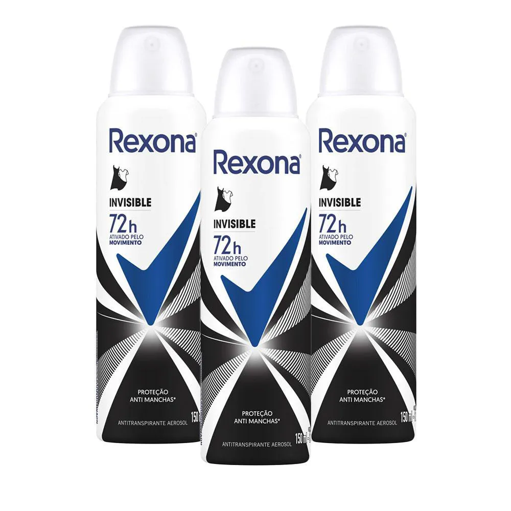 Kit Desodorante Antitranspirante Aerosol Rexona Invisible Feminino 72h 150ml 3 unidades
