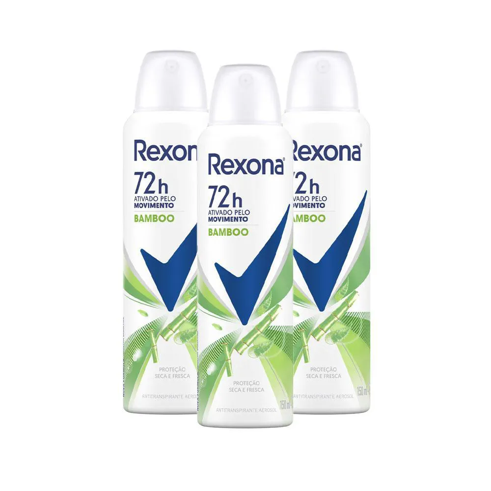 Kit Desodorante Antitranspirante Aerosol Rexona Bamboo Feminino 72h 150ml 3 unidades