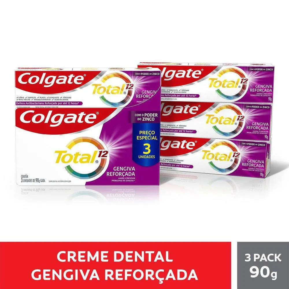 Kit 3 Pastas de Dente Colgate Total 12 Gengiva Reforçada 90g