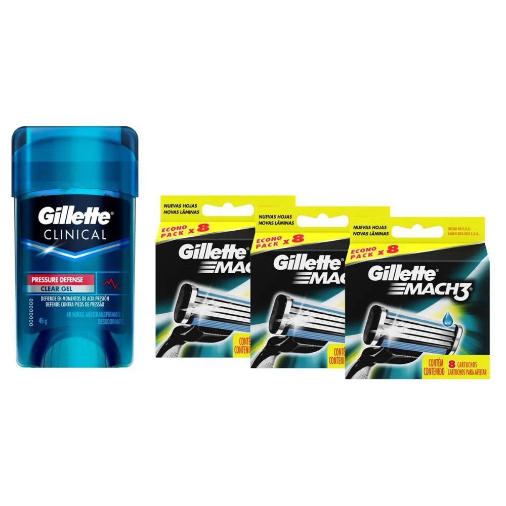 KIT COM 24 CARGAS GILLETTE MACH3 + NECESSARIE + 1 DESODORANTE GILLETTE CLINICAL GEL PRESSURE DEFENSE 45G