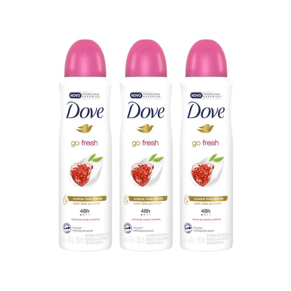 Kit Desodorante Antitranspirante Aerosol Dove Go Fresh Romã e Verbena Feminino 48h 150ml 3 unidades
