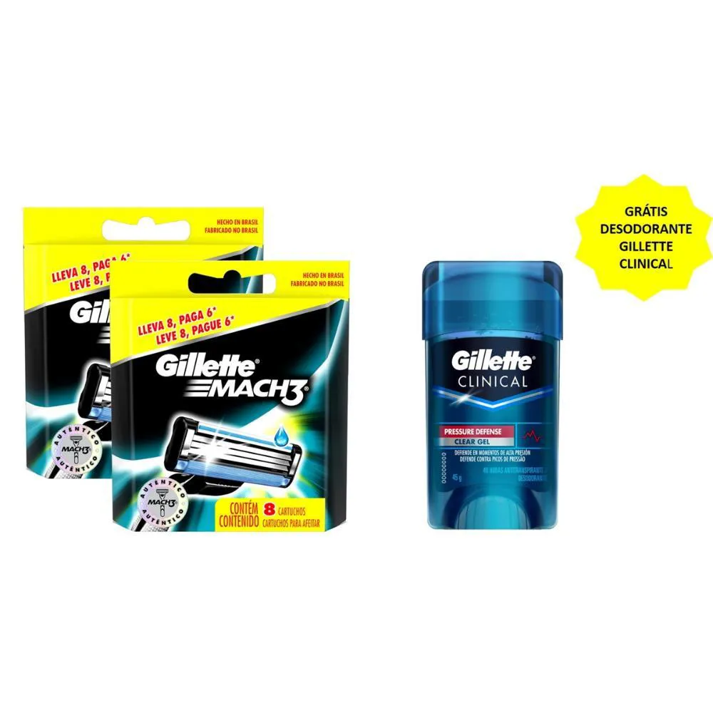 KIT COM 2 CARGAS GILLETTE MACH3 LEVE 8 PAGUE 6 GRáTIS DESODORANTE GILLETTE CLINICAL 45G