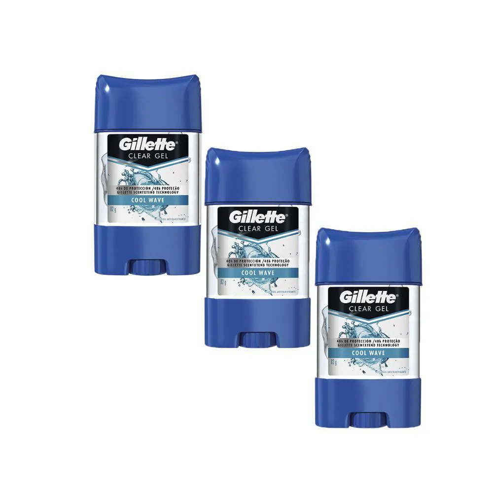 KIT COM 3 DESODORANTES GILLETTE CLEAR GEL COOL WAVE 82G