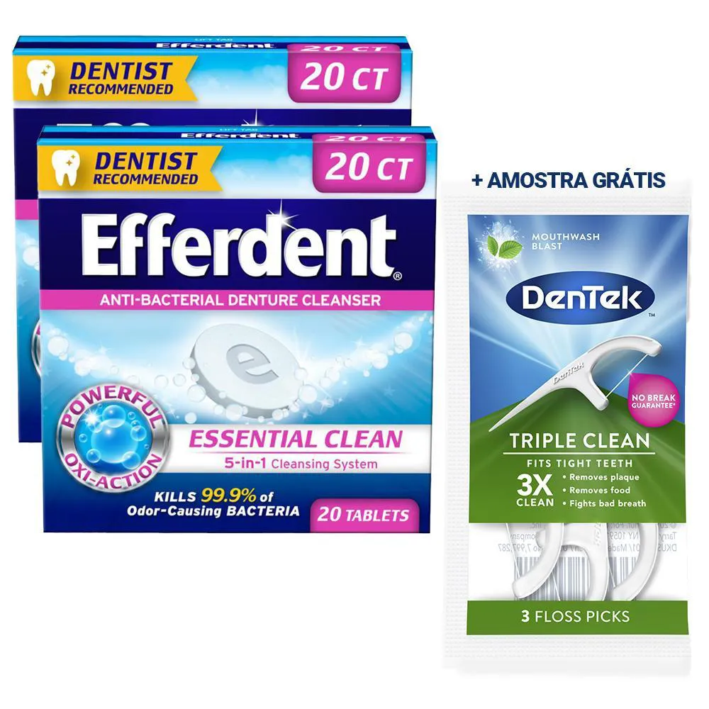 KIT 2 LIMPADORES DE DENTADURA ANTIBACTERIANO EFFERDENT COM 20 TABLETES +1 AMOSTRA DE EASY BRUSH