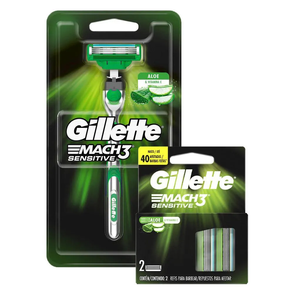 KIT APARELHO DE BARBEAR GILLETTE MACH3 SENSITIVE + CARGA GILLETTE MACH3 SENSITIVE COM 2 UNIDADES