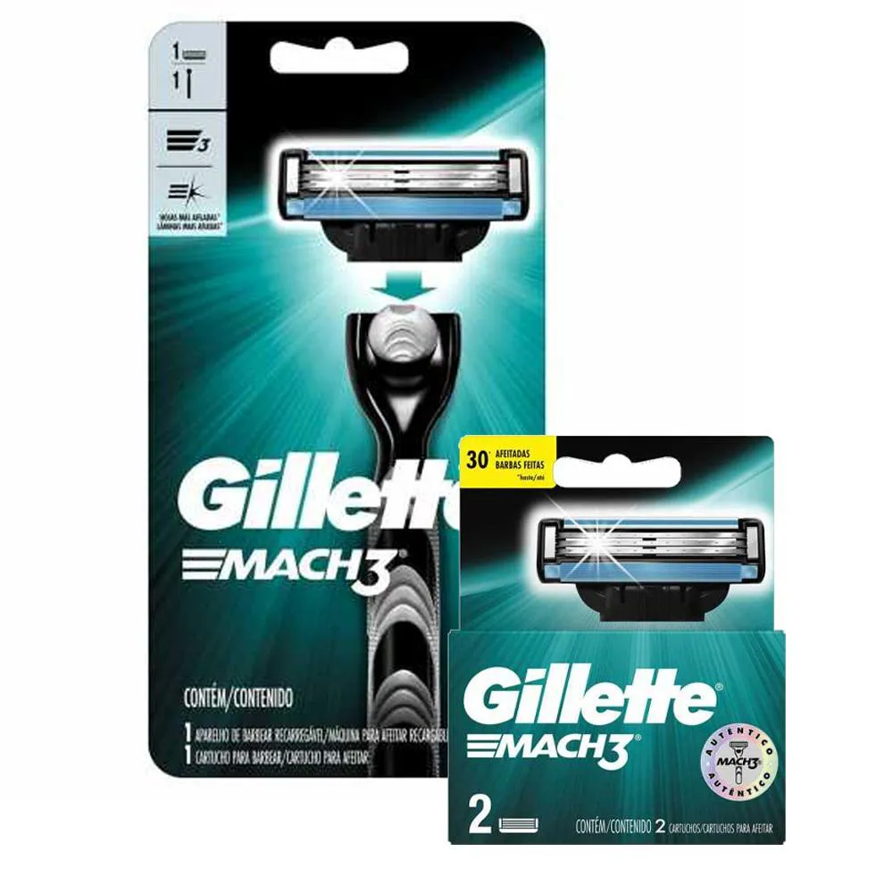 KIT APARELHO DE BARBEAR GILLETTE MACH3 + CARGA GILLETTE MACH3 COM 2 UNIDADES